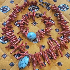 Natural coral & Turquoise necklace bracelet set
